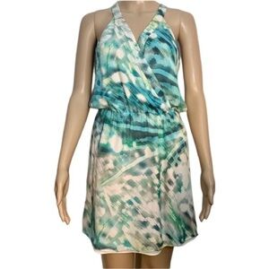 Parker Teal Watercolor Sleeveless Halter Neckline Short Mini Dress